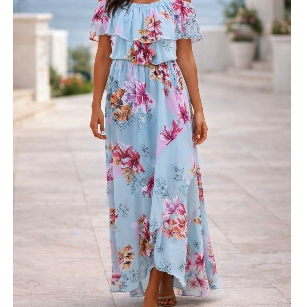 Express Floral Maxi Dress Sage Green Pink Tropical Hibiscus Ruffle Shoulder S